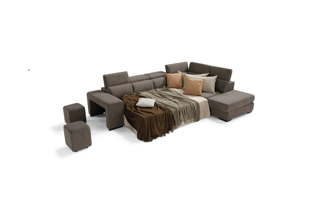 TALENTO divano 3 posti max, angolo terminale con pouf contenitore - apertura letto KOMODO