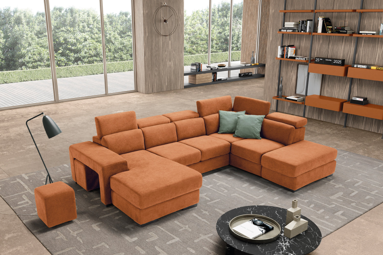 TALENTO divano chaise longue 2 posti con angolo terminale e pouf contenitore - apertura letto KOMODO