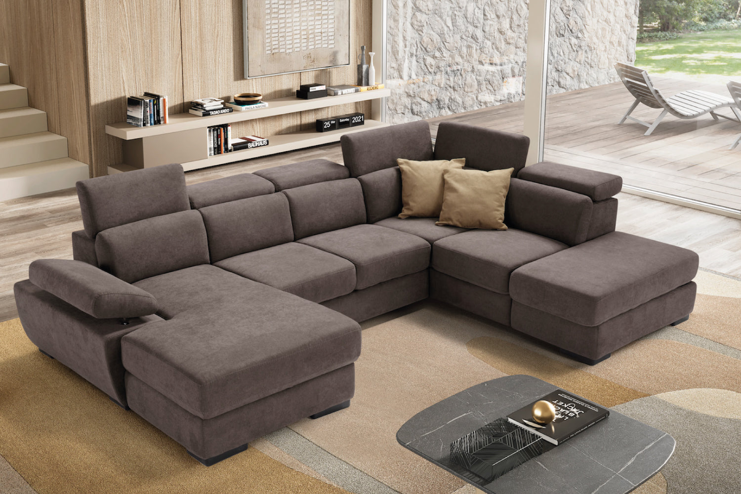 FABIOLA divano chaise longue 2 posti con angolo terminale e pouf contenitore - apertura letto KOMODO