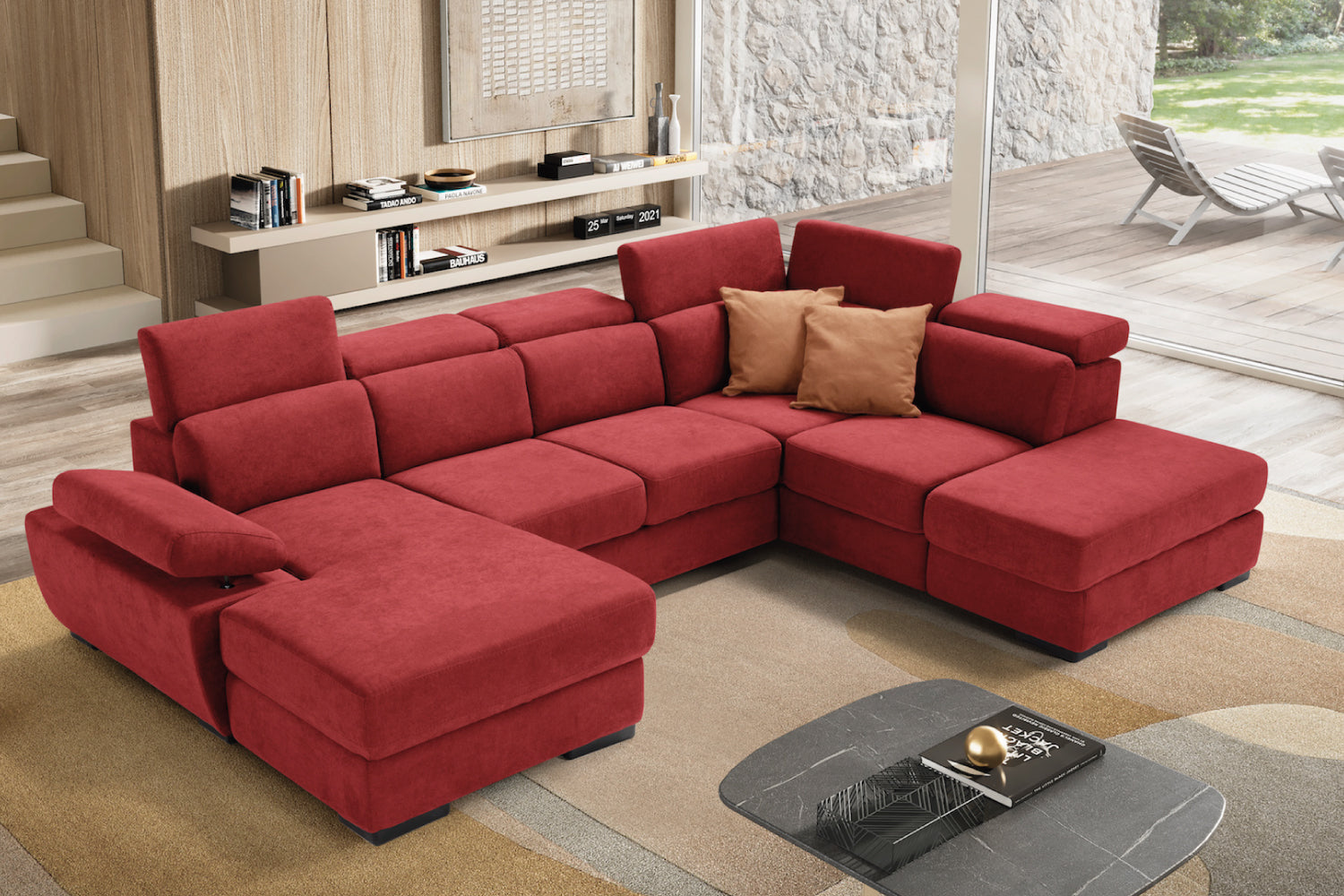 FABIOLA divano chaise longue 2 posti con angolo terminale e pouf contenitore - apertura letto KOMODO