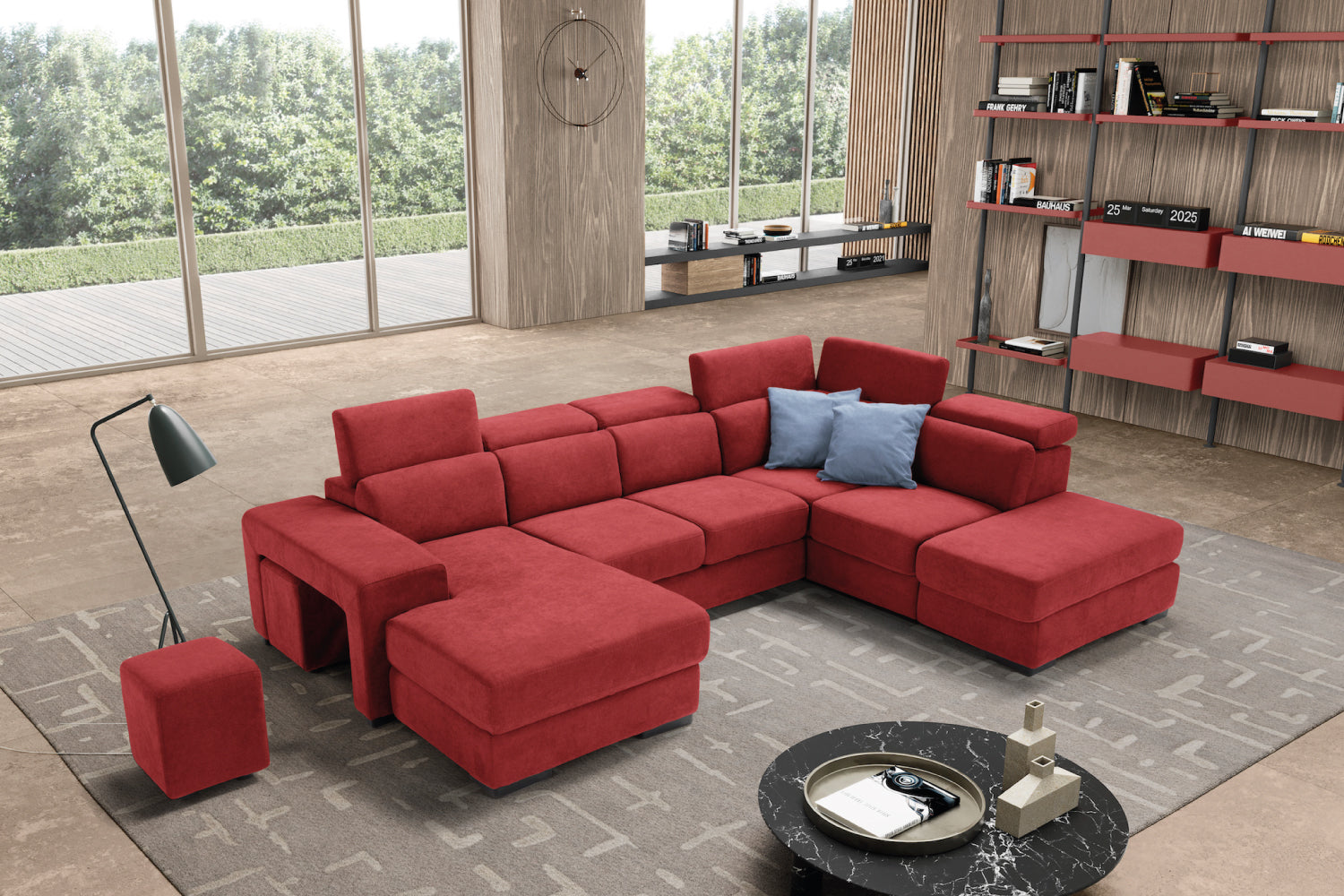 TALENTO divano chaise longue 2 posti con angolo terminale e pouf contenitore - apertura letto KOMODO