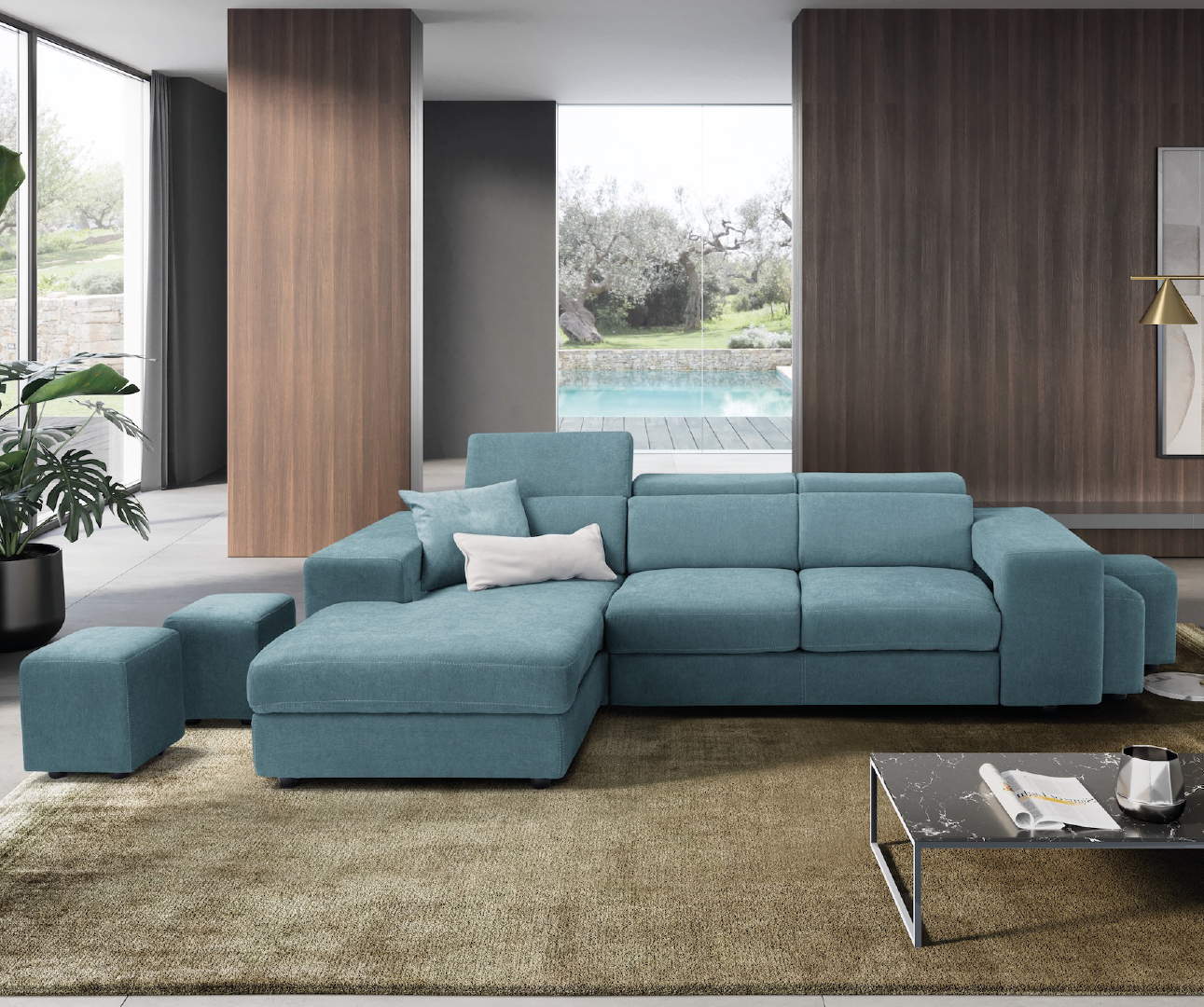TALENTO divano chaise longue - apertura letto KOMODO - PETROLIO Pronta Consegna